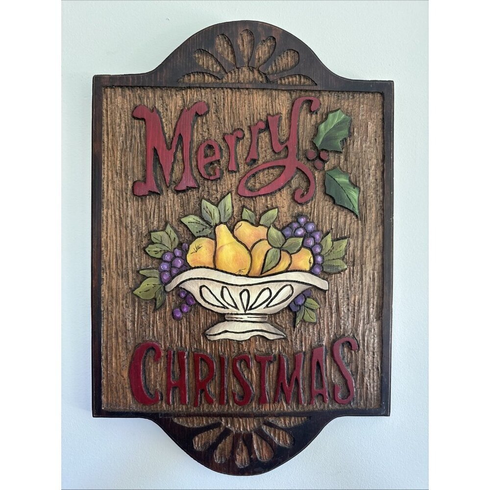 Merry Christmas Sign Rustic Carved Wood Decor Vintage Handmade Wall Hanging